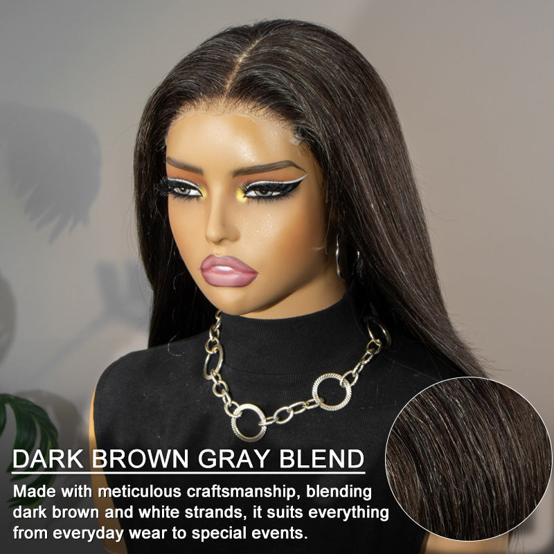 Soul Lady Wigs front view of the Dark Brown Mixed Subtle Gray Straight Human Hair Lace Closure Wig, showing the natural hairline, smooth straight texture, and blended dark brown with subtle gray color.