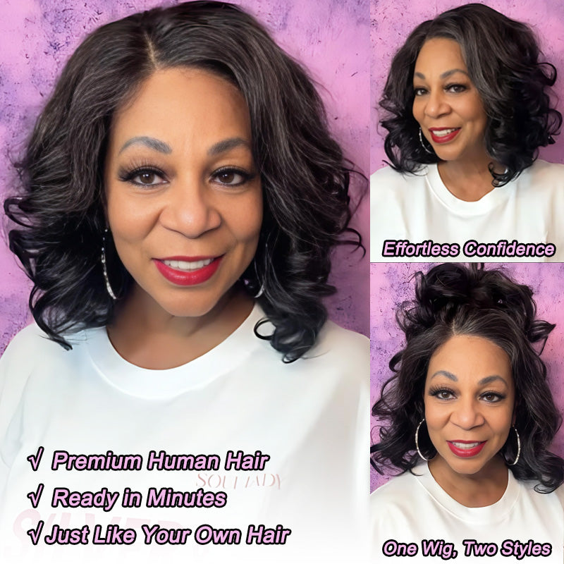 Soul Lady Wigs| Elegant Woman Over 50 Wearing Dark Salt and Pepper Human Hair Wig – Soft Body Wave Texture