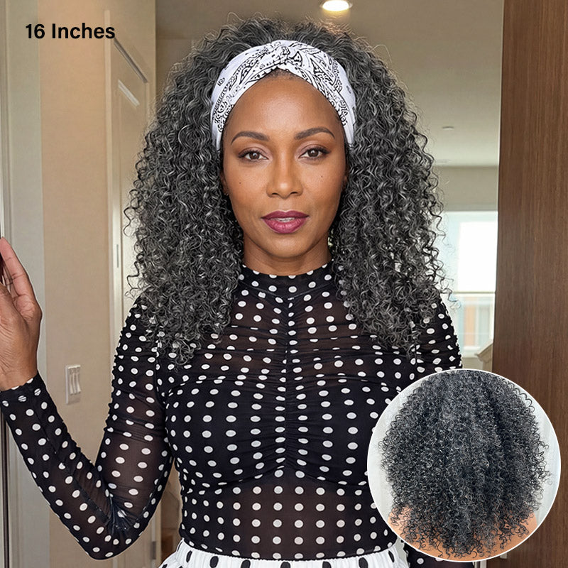 Soul Lady Wigs Medium Salt & Pepper Kinky Curly Human Hair Headband Wig, featuring soft, bouncy curls, comfortable headband cap for easy wear, natural-looking salt-and-pepper color, perfect for African American women who want a stylish, quick-to-style, and realistic curly hairstyle.