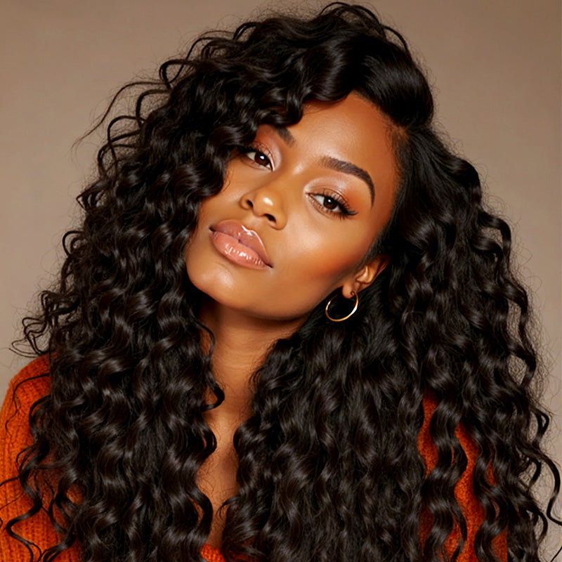 Soul Lady Wigs|deep wave human crochet hair extensions, natural black shade with soft, bouncy waves for a voluminous look.