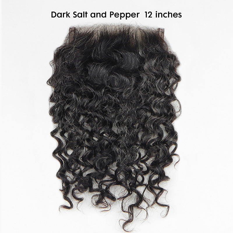 Dark salt and pepper jerry curly human hair topper with Swiss lace closure – natural gray blended topper designed for women with thinning hair, lightweight, breathable, and easy to style for a realistic salt and pepper look.