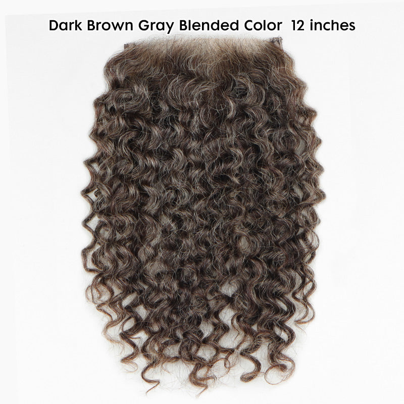 Dark Brown Gary Blended jerry curly human hair topper with Swiss lace closure – natural gray blended topper designed for women with thinning hair, lightweight, breathable, and easy to style for a realistic salt and pepper look.