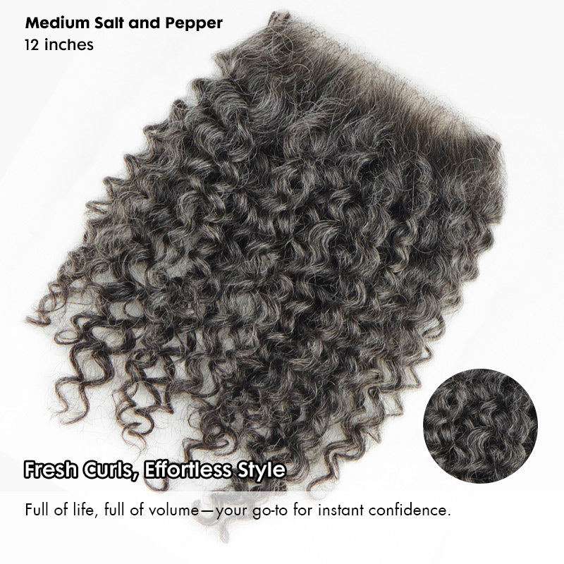 Medium salt and pepper jerry curly human hair topper with Swiss lace closure – natural gray blended topper for thinning hair coverage, lightweight and realistic look for women.