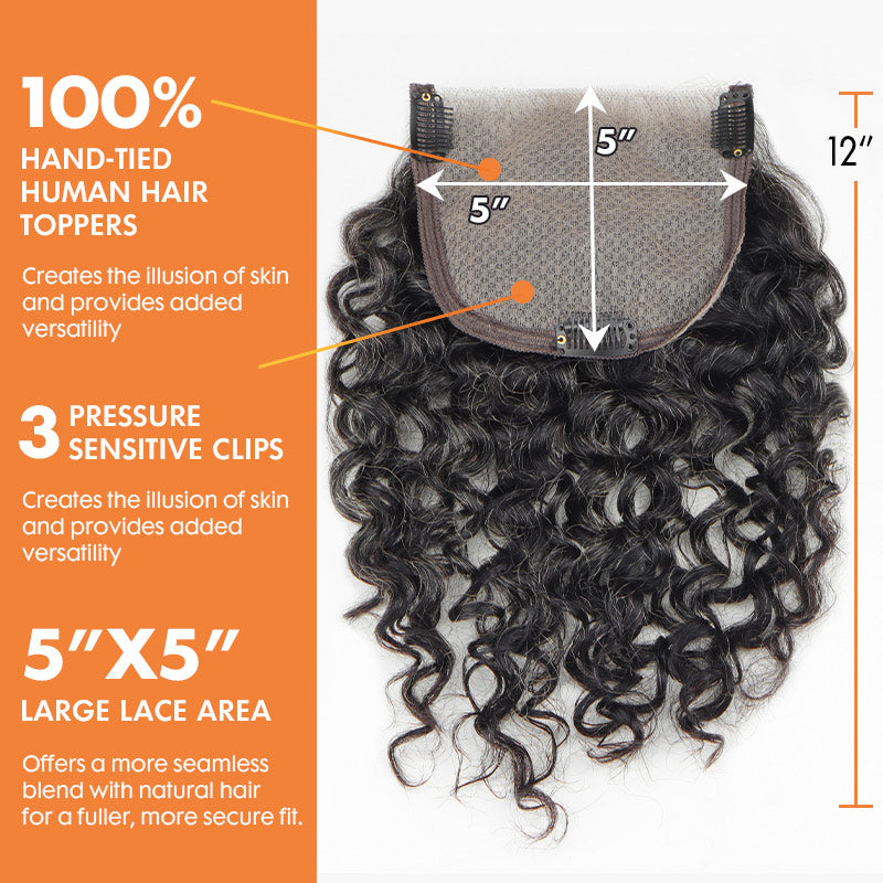 Swiss lace closure detail of medium salt and pepper jerry curly human hair topper, showing natural breathable lace base.