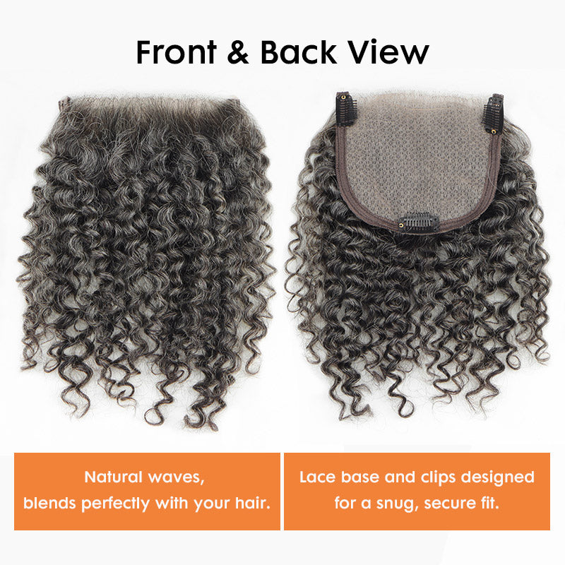 Medium salt and pepper jerry curly human hair topper with Swiss lace closure – natural gray blended topper designed for women with thinning hair, lightweight, breathable, and easy to style for a realistic salt and pepper look