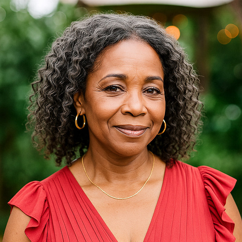 An elegant wear Soul Lady Wigs' Medium salt and pepper jerry curly human hair topper with Swiss lace closure – natural gray blended topper designed for women with thinning hair, lightweight, breathable, and easy to style for a realistic salt and pepper look.