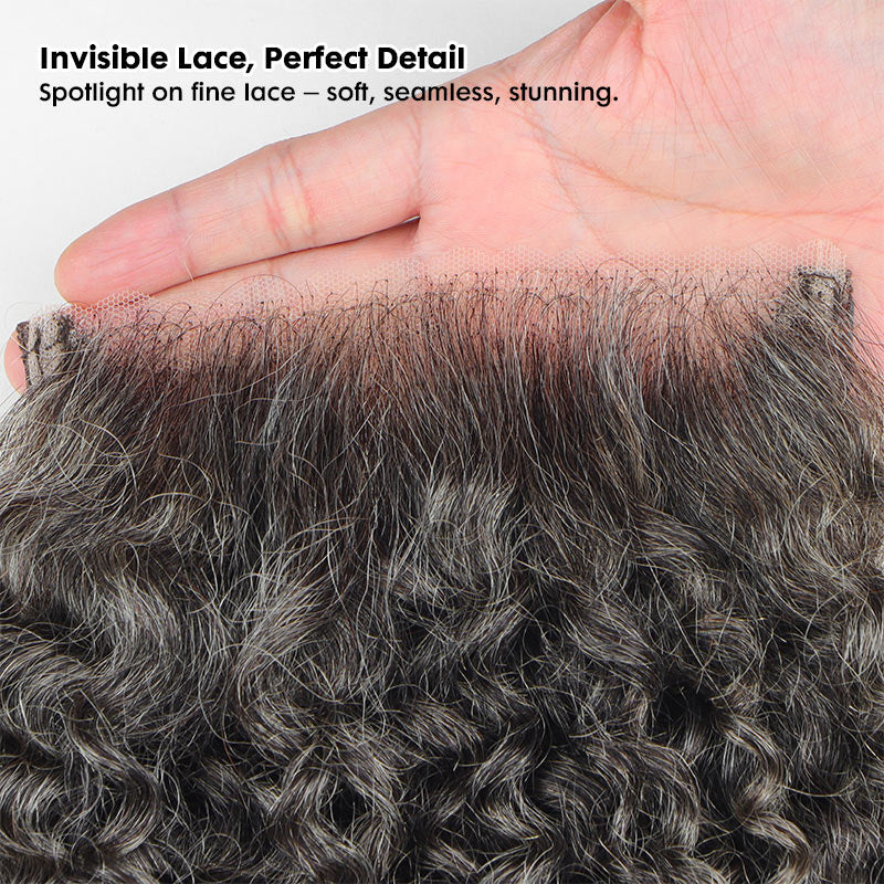 Soul Lady jerry curly medium salt and pepper human hair topper with Swiss lace closure, natural gray blended shade for women with thinning hair