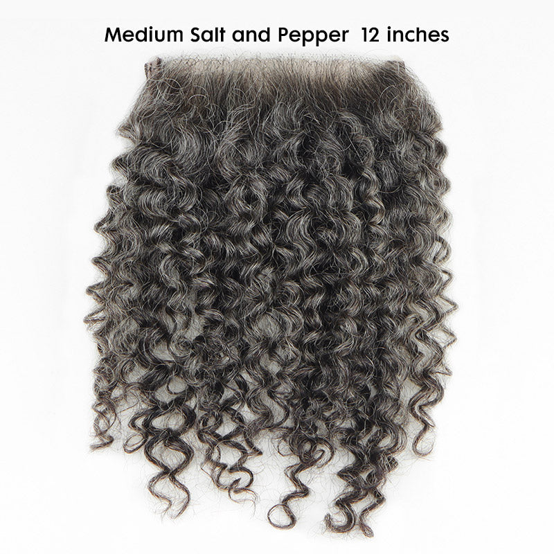 Medium salt and pepper jerry curly human hair topper with Swiss lace closure – natural gray blended topper designed for women with thinning hair, lightweight, breathable, and easy to style for a realistic salt and pepper look.