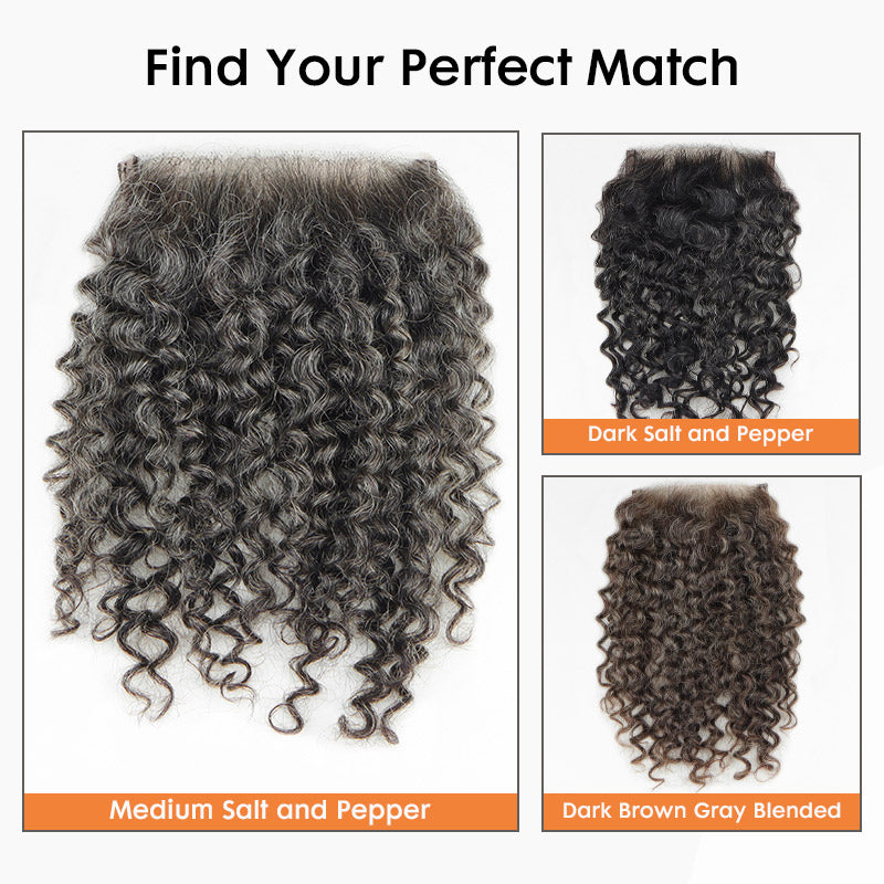 Side-by-side color comparison of Soul Lady Wigs salt and pepper jerry curly human hair toppers with Swiss lace closure, showing light, medium, and dark gray blended shades for women with thinning hair