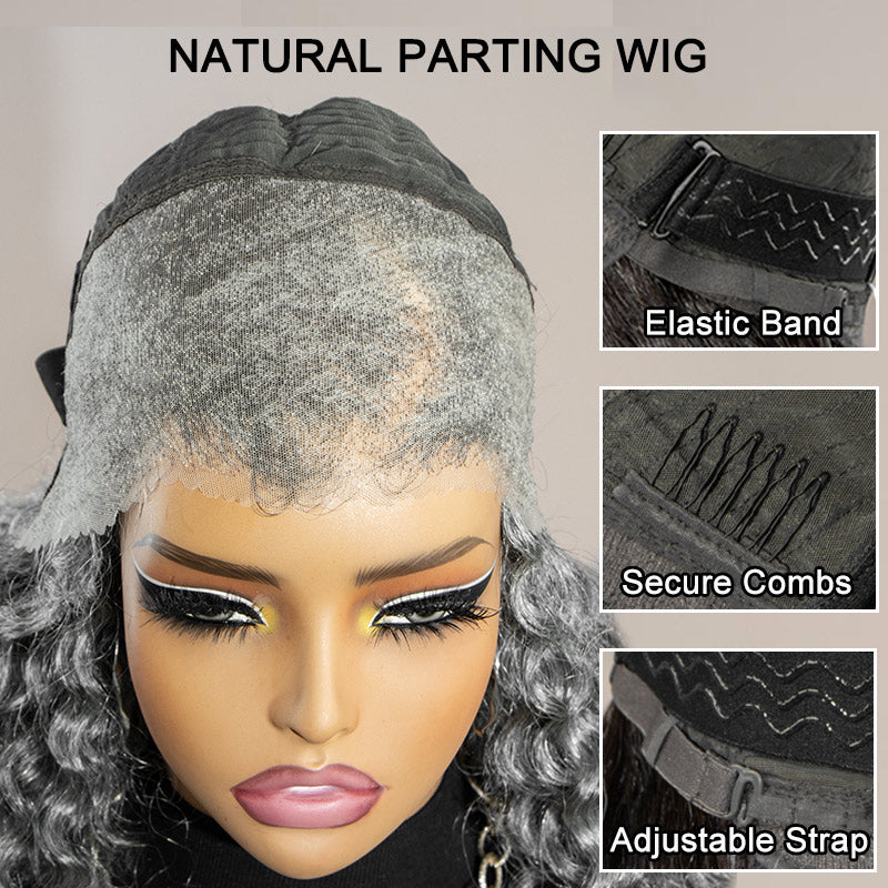 Cap construction view of the Soul Lady salt and pepper 13x4 lace full frontal water wave wig, showing lace front area, breathable mesh cap, adjustable straps, and interior stitching details.