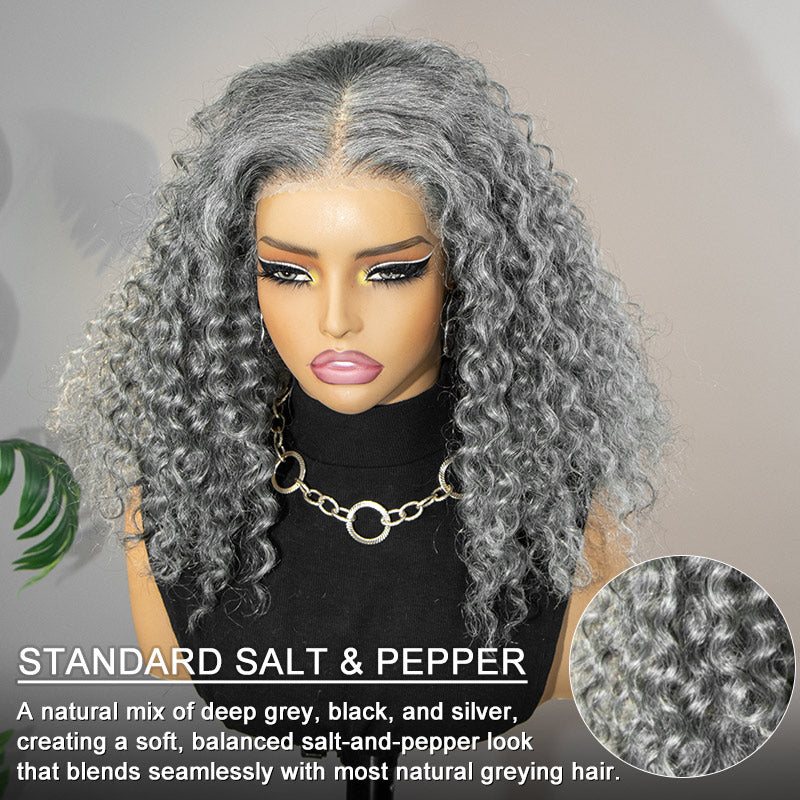 Front view of the Soul Lady salt and pepper 13x4 lace full frontal water wave human hair wig, showing natural gray-black blend, soft defined waves, and realistic hairline.