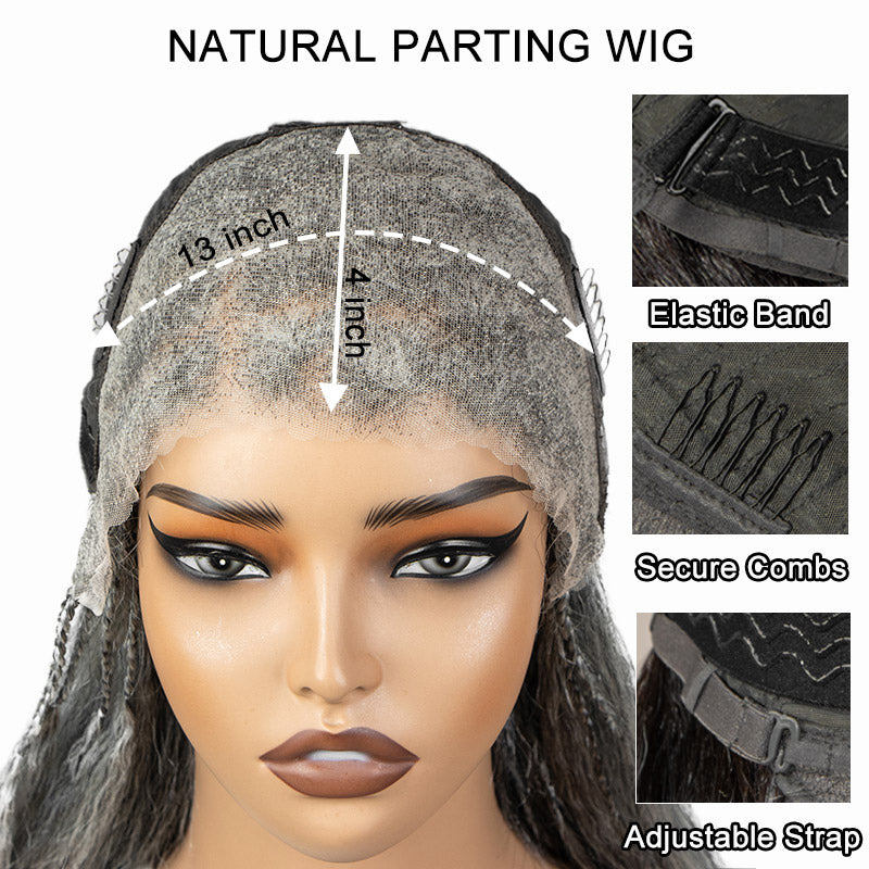 Soul Lady Wigs salt and pepper 13x4 boho braided straight wig, highlighting lace front, adjustable cap, hand-braided roots, and realistic scalp texture.