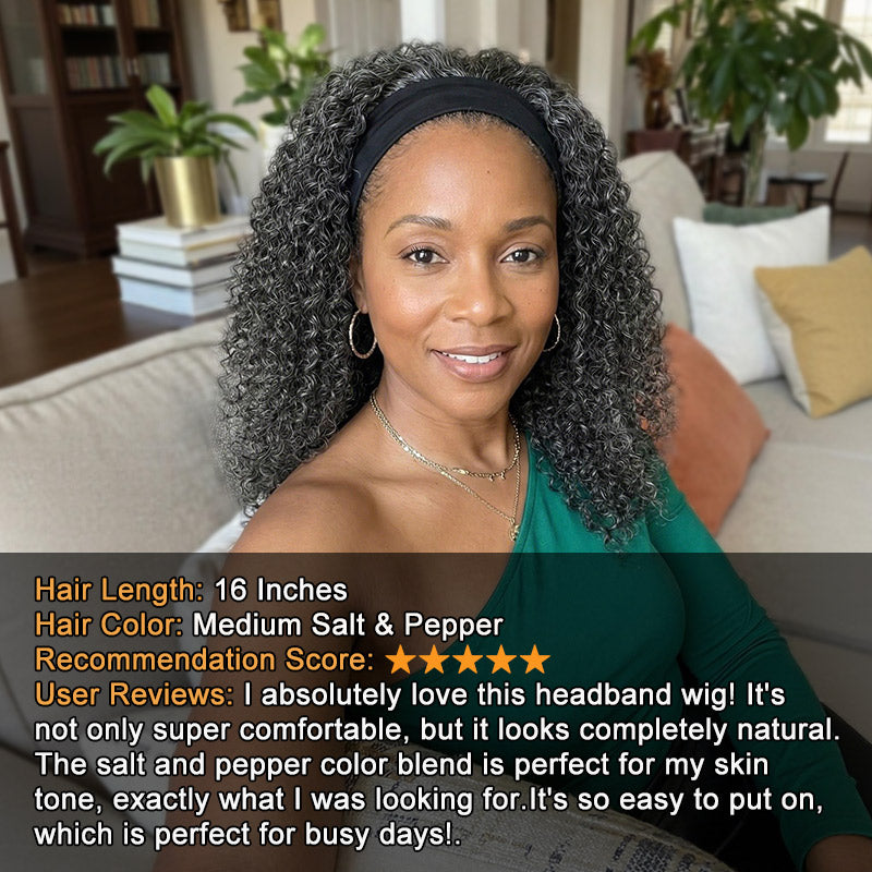 Soul Lady Wigs salt and pepper kinky curly human hair headband wig designed for Black women. The wig features natural-looking, voluminous curls with a mix of gray and black tones, perfect for a stylish, effortless look. It comes with a comfortable, easy-to-use headband for secure wear.