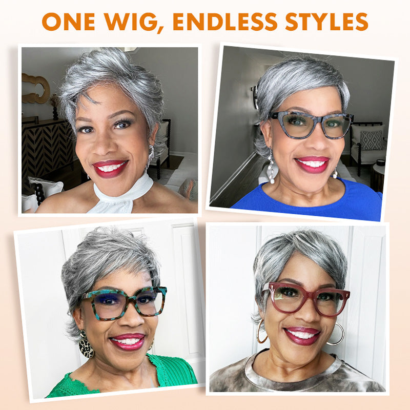 Soul Lady Wigs| Classy Woman Over 50 Rocking Salt and Pepper Retro Pixie Wig – Natural and Flowy Finish