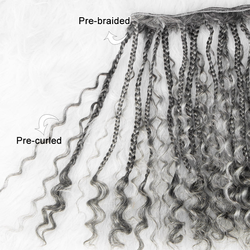 Soul Lady close-up view Salt and Pepper Boho Braided Curly Human Hair bundles, highlighting the defined, bouncy curls, natural salt and pepper color blend, and soft, textured strands.