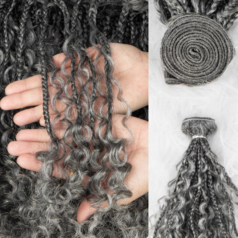 Soul Lady Wigs Salt and Pepper Boho Braided Curly Human Hair bundles, showcasing full, bouncy curls with a natural grey and black blend, perfect for styling and adding volume.
