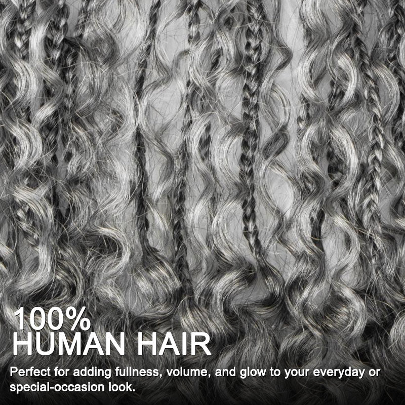 Soul Lady close-up detail of Salt and Pepper Boho Braided Curly Human Hair bundles, showing tight, defined curls, natural salt and pepper color blend, and soft, textured hair strands.
