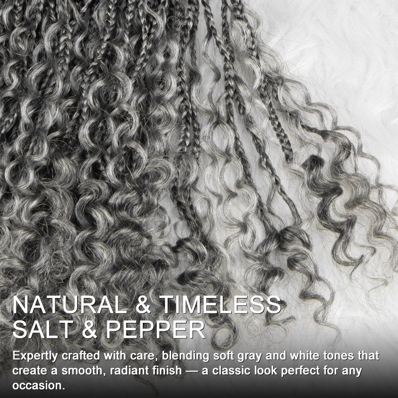 Soul Lady Wigs Salt and Pepper Boho Braided Curly Human Hair bundles, showcasing full, textured curls and a natural salt and pepper color blend.