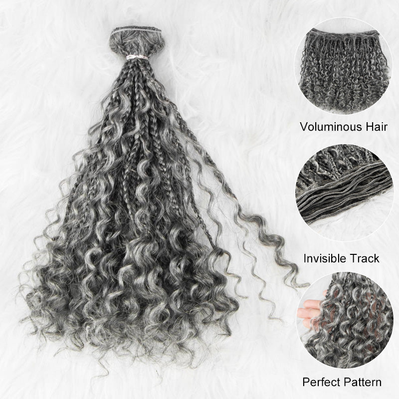 Soul Lady Salt and Pepper Boho Braided Curly Hair bundles, displaying thick, defined curls and natural grey and black highlights.