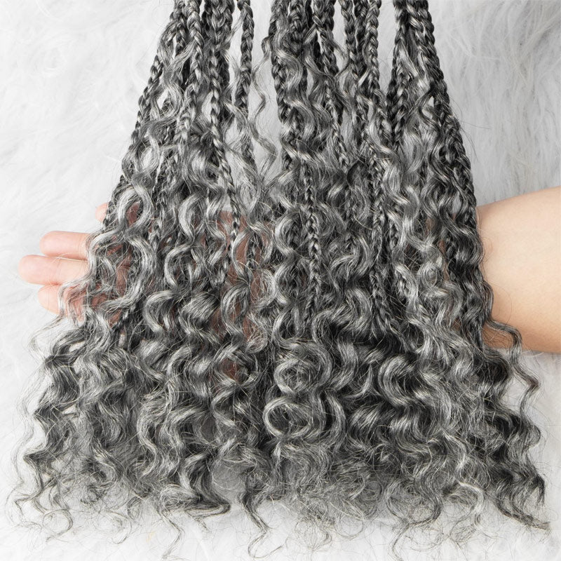 Soul Lady Wigs Salt and Pepper Boho Braided Curly Human Hair bundles, featuring soft, textured curls with a natural grey and black salt and pepper color blend, ready for styling.