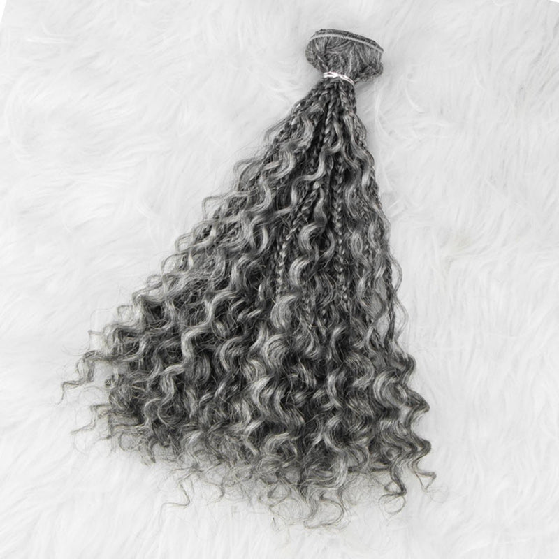 Soul Lady Wigs Salt and Pepper Boho Braided Curly Human Hair bundles displayed neatly, showing full, soft curls with a natural grey and black salt and pepper color blend, perfect for styling and adding volume.