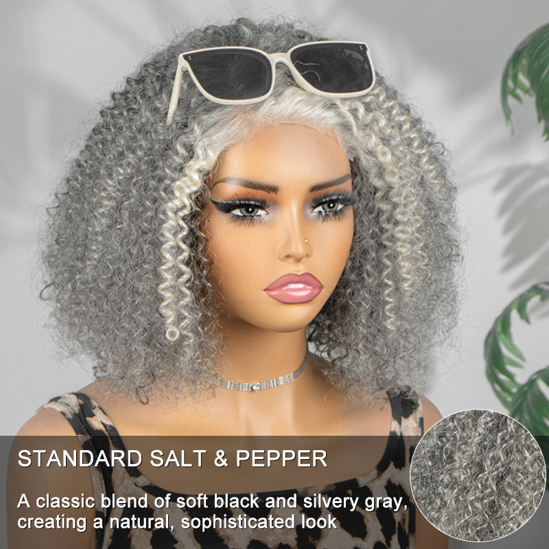 Soul Lady Wigs|Short Grey and Black Curly Bob Wig for Older African American Women – Real Human Hair Handmade Lace Wigy
