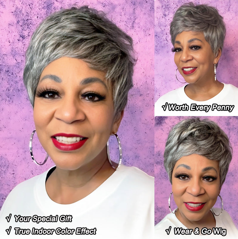 Soul Lady Wigs| A stylish short straight salt and pepper pixie wig, featuring sleek straight hair and a natural gray blend, perfect for mature women seeking an easy, elegant haircut.