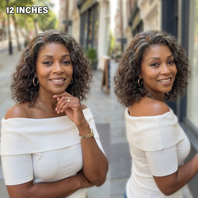 Human hair blend brown to gray wave wig.. Brown and Gray Short Bob Human Hair Wigs Natural Wavy Lace  main image 2