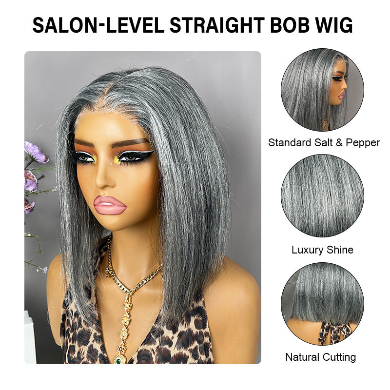 Salt and Pepper Straight Bob Human Hair Wigs Wear Go  display picture 3