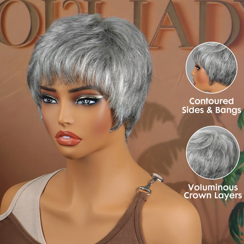 Soul Lady Pixie Cuts Straight Gray Wig |Side view of Soul Lady Wigs straight pixie cut wig in salt and pepper color, featuring sleek layers, realistic hairline, and glueless cap for older Black women
