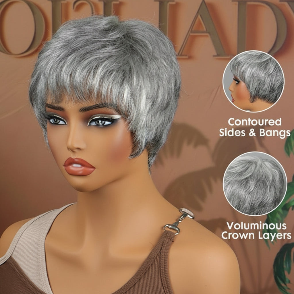 Silver Gray Straight Pixie Cut Human Hair Wig Glueless Wig  display picture 3