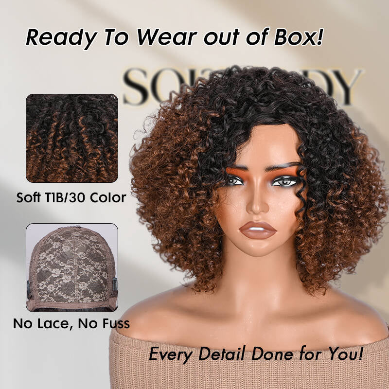 Soul Lady Wigs| Short Curly Human Hair Wig T1B/30 Ombre Brown — Glueless Machine Made Wig for Everyday Wear