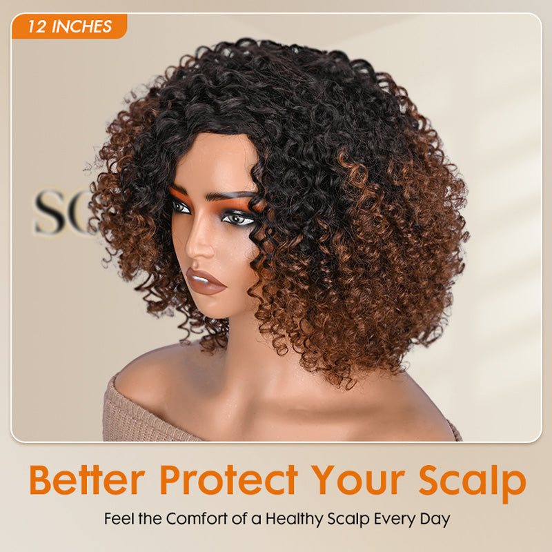 Soul Lay Wigs| Close-up view of soft curly ombre brown T1B/30 human hair wig, 12 inch, natural shine and full volume