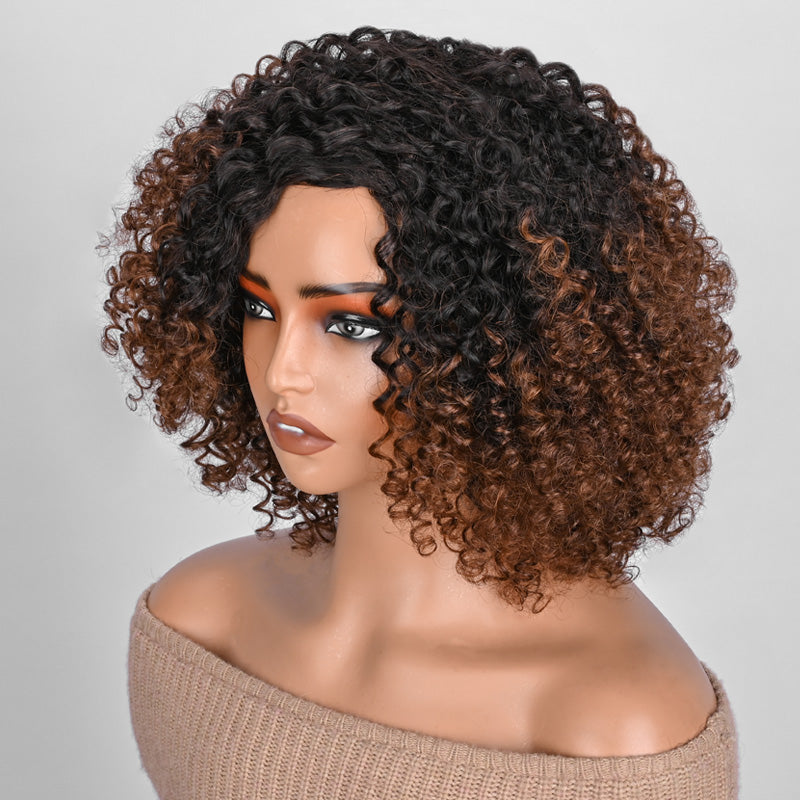 Soul Lady Wigs| T1B/30 Curly 12 Inch Human Hair Wig for Black Women — Soft Ombre Brown Ready to Wear Glueless Wig