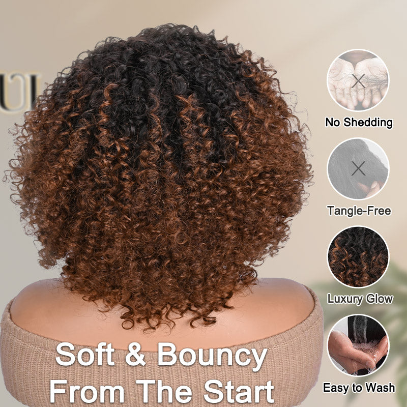 Soul Lady Wigs| Back view of Soul Lady Curly Ombre Brown T1B/30 Wig showing full curls and layered texture