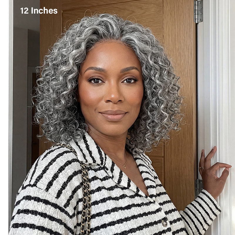 Pepper Hd Salt and Pepper Water Wave Human Hair Wigs Gray Curly Wigs 5x5 HD Lace ...