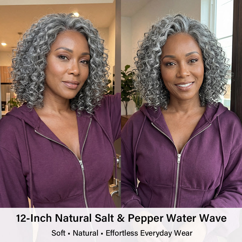 Pepper Hd Salt and Pepper Water Wave Human Hair Wigs Gray Curly Wigs 5x5 HD Lace ...