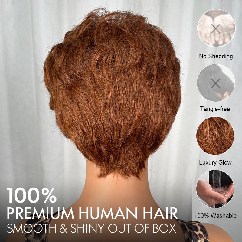 30 Copper Brown Natural Wave Layered Pixie Cut Glueless 