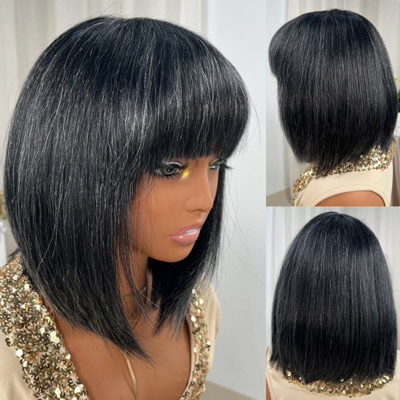Medium Salt and Pepper Straight Bob Human Hair Wigs with  display picture 1