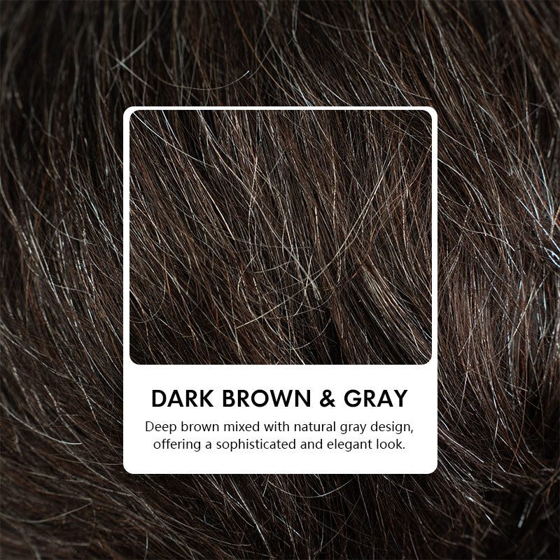Color details of a Soul Lady Wigs lace straight pixie wig in dark brown mixed with gray highlights, showing a natural salt-and-pepper blend for a realistic, dimensional hair color effect.