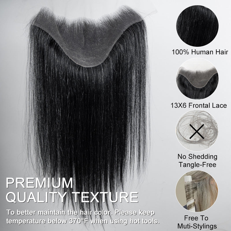 Detailed view of dark salt and pepper 13×6 hair topper base, highlighting breathable lace and natural grey-black color blend.