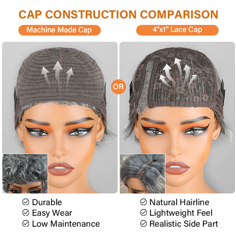 Comparison of Soul Lady Wigs glueless machine cap and 4x1 lace cap: the left side shows a full machine-made cap with breathable mesh panels and adjustable elastic band, while the right side displays a 4x1 lace cap featuring a small lace parting area, elastic nape band, secure combs, and stretchable cap for a comfortable, glueless fit.
