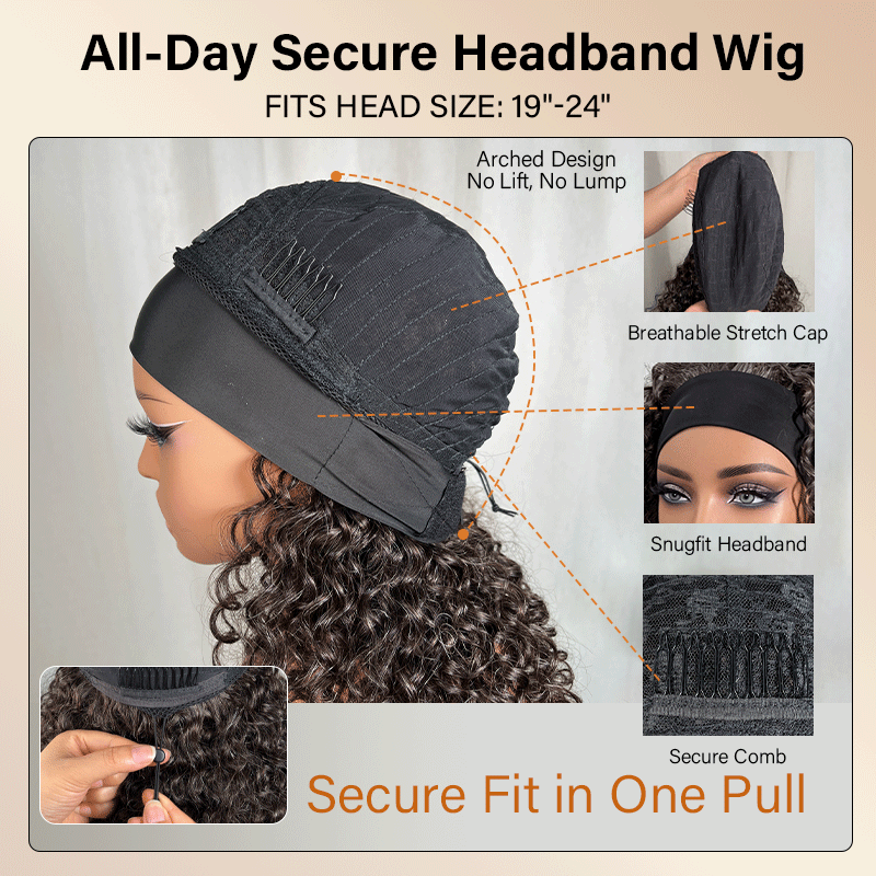 Soul Lady Wigs headband wig cap construction details showing adjustable elastic band, breathable stretchable cap design, and secure fit structure for natural glueless wear