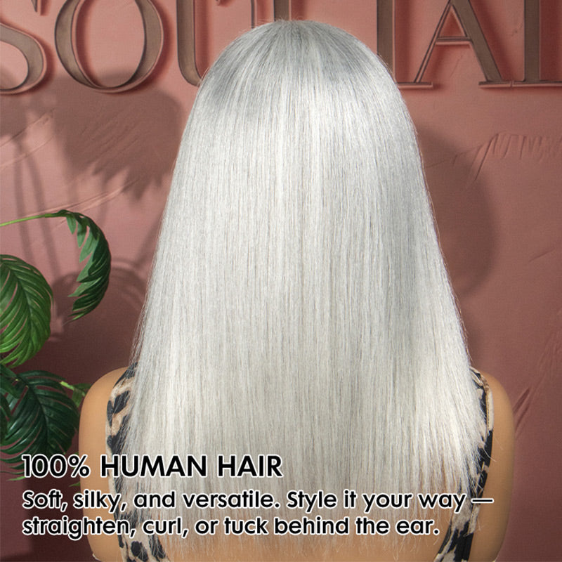 Soul Lady Light Salt & Pepper Straight V-Part Wig – Natural Human Hair Pale Gray Wig for Moms & Older Women Over 50, White Color Human Hair Wig For Seniors-back apperance