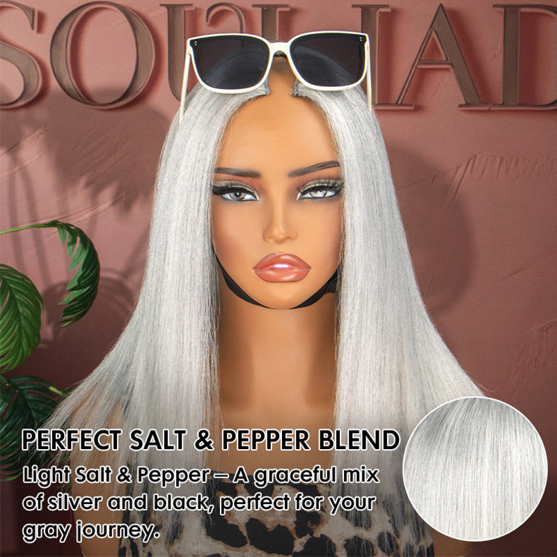 Soul Lady Light Salt & Pepper Straight V-Part Wig – Natural Human Hair Pale Gray Wig for Moms & Older Women Over 50, White Color Human Hair Wig For Seniors-front show