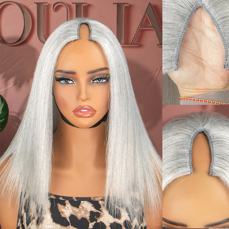 Soul Lady Light Salt & Pepper Straight V-Part Wig – Natural Human Hair Pale Gray Wig for Moms & Older Women Over 50, White Color Human Hair Wig For Seniors | v-part open design show