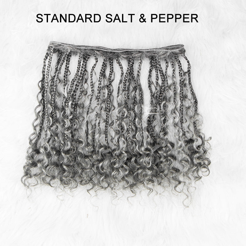 Soul Lady overall view of Soul Lady Wigs Salt and Pepper Boho Braided Curly Human Hair bundles, showing full-length, defined curls, natural salt and pepper color blend, and soft, textured human hair ready for styling.