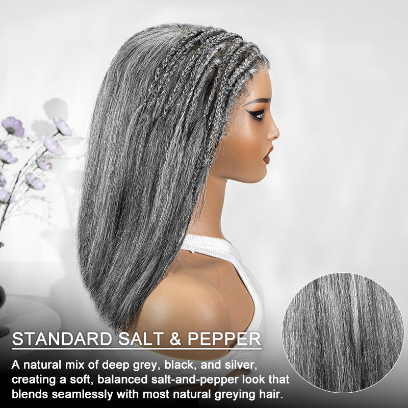 Soul Lady Wigs salt and pepper 13x4 boho braided straight wig side view, showing natural gray tones, detailed hand-braided roots, and straight smooth hair.