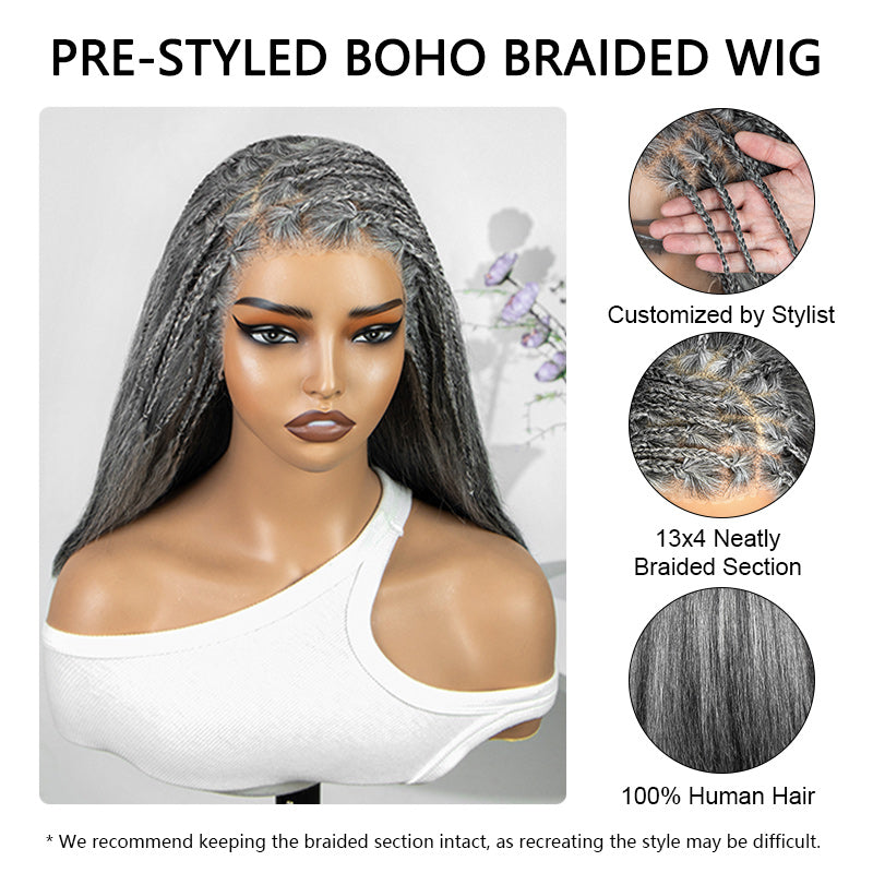 Soul Lady Wigs salt and pepper 13x4 boho braided straight wig front view, showcasing intricate hand-braided design, realistic lace hairline, and natural gray tones.