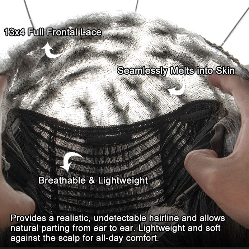 Soul Lady Wigs salt and pepper 13x4 boho braided straight wig, showing detailed lace front, natural gray blend, and realistic hairline.